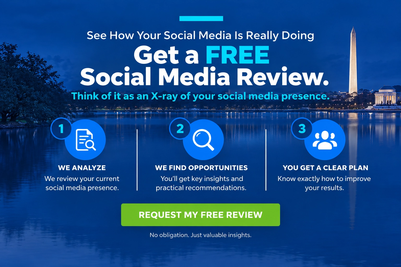 Get-A-Free-Social-Media-Review copy Free Social Media Review showing SocialMediaDMV’s three-step process: request the review, research completed within 48 hours, and a 15-minute findings review.