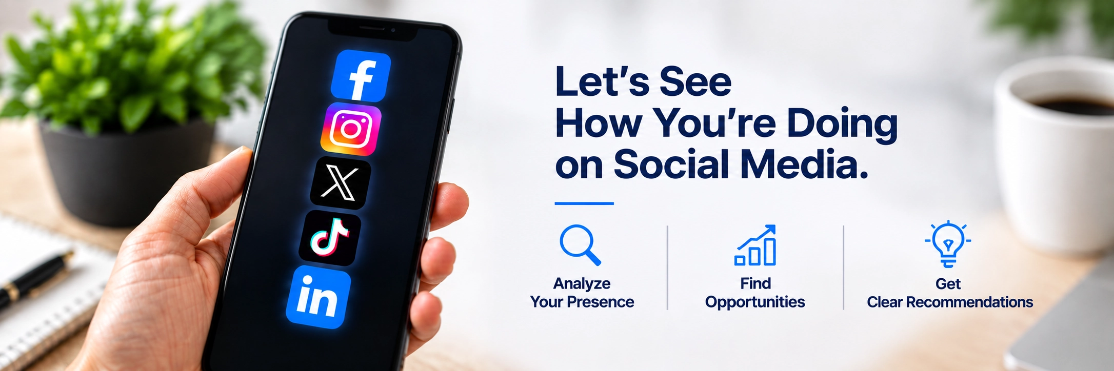 Social media review showing Facebook, Instagram, X, TikTok and LinkedIn with analysis and recommendations